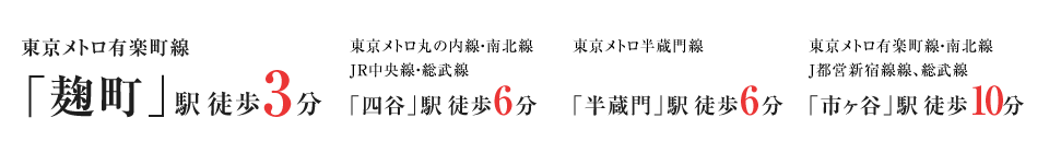 東京メトロ有楽町線「麹町」駅徒歩3分 東京メトロ丸ノ内線・南北線JR中央線・総武線「四ツ谷」駅徒歩6分 東京メトロ半蔵門線「半蔵門」駅徒歩9分 東京メトロ有楽町線・南北線都営新宿線、JR総武線「市ヶ谷」駅徒歩10分線